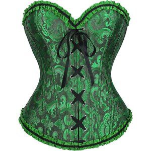 Women's Green/Black Lace up Boned Bustier Floral Overbust Corset for Halloween